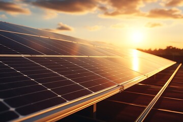 Wall Mural - solar panels on sunset background. alternative energy concept. 3d rendering