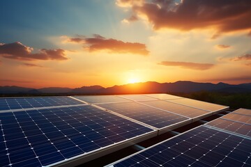 Wall Mural - solar panels on sunset background. alternative energy concept. 3d rendering