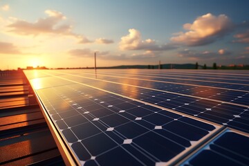 Wall Mural - solar panels on sunset background. alternative energy concept. 3d rendering