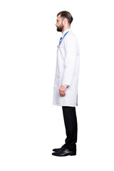 Sticker - Full size half face fullbody portrait, snap of  virile harsh bearded doc in white lab coat and stethoscope on his neck, isolated on grey background