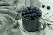 Blueberry in a mug on a wooden background. Blueberries, kitchen towel and tree branches with buds for a spring mood. Still life for the interior.