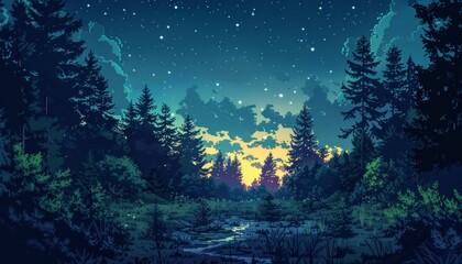  A beautiful pixel art landscape of a forest at night. The sky is full of stars and the moon is shining brightly. A river runs through the forest and there are trees and bushes on the banks.