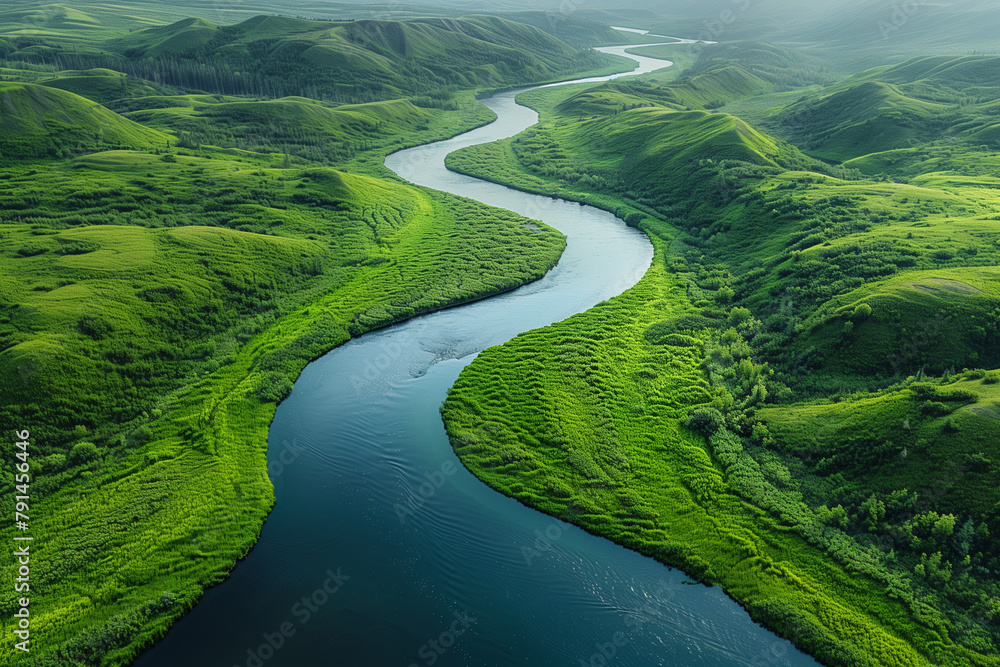 An aerial view of a winding river cutting through a lush green ...
