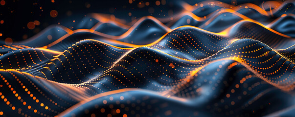 Abstract dark background with orange and blue waves of digital data flowing in the style of light black and navy blue, futuristic network technology concept