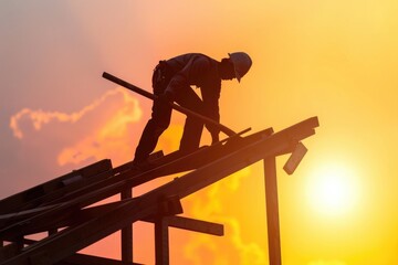 Construction Home - Roofer and Carpenter Working on Roof Structure at Building Site