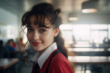 Canvas Print - Happy school children in dinner place highschool canteen lunch break Generative AI picture