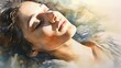 soft watercolor style, meditation, calm face, person is on left the corner, slightly face down, half of body shot, strong sunlight on the part of face