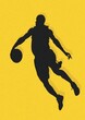 Silhouette of a basketball player on a yellow background, grain effect added. Generative AI.