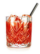 Classic Negroni in vintage tumbler glass with drinking straw isolated on white background.