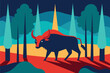 Abstract buffalo walking in the strange forest vector design