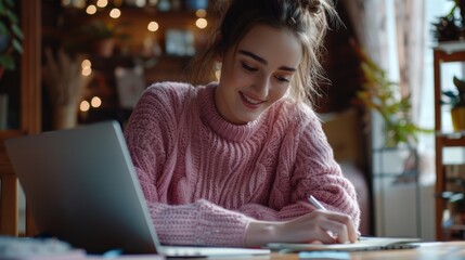 Poster - Woman Writing Beside Her Laptop.