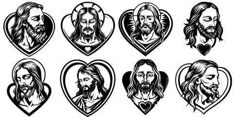 Eight vector drawings of a jesus christ head with heart symbol