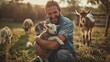 Farmer, image, or baby lamb on livestock farming, rural, or sheep growth management. Pet safety, veterinary life insurance, happy, farming, or man and mutton animals