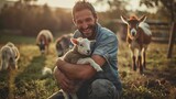 Fototapeta  - Farmer, image, or baby lamb on livestock farming, rural, or sheep growth management. Pet safety, veterinary life insurance, happy, farming, or man and mutton animals