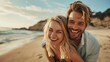 © LukaszDesign - Closeup of youthful loving couple smiling, cuddling, and displaying affection at the beach with ocean in backdrop. Couple on vacation displaying love. His blonde wife on his back