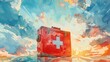 First aid kit with a red cross symbol against the backdrop of a beautiful sky