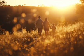 Wall Mural - A peaceful and tranquil golden sunrise family walk in the early morning light. Bonding and enjoying quality time together in nature. Silhouetted against the warm sunlight