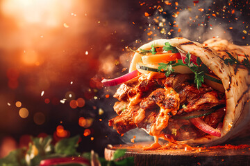 Poster - fresh grilled beef turkish or chicken arabic shawarma doner sandwich with flying ingredients and spices hot ready to serve and eat food commercial advertisement menu banner with copy space area