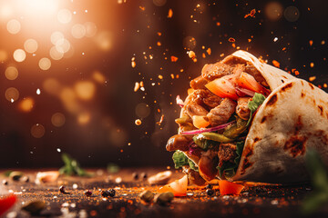 Wall Mural - fresh grilled beef turkish or chicken arabic shawarma doner sandwich with flying ingredients and spices hot ready to serve and eat food commercial advertisement menu banner with copy space area