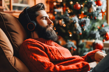 Handsome bearded man in headphones comfortably seated, leaning back, relaxing and listening to good music. Quiet and cozy Christmas celebrations at home