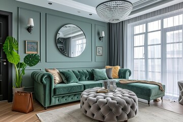Wall Mural - Fashionable spacious apartment with a stylish design in green, grey and white pastel colors with big window and decorative walls