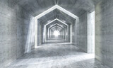 Fototapeta Do przedpokoju - Futuristic concrete corridor with illuminated end