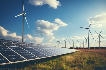 Wall Mural - solar panels and wind turbines at sunset. renewable energy concept.