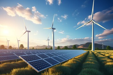 Wall Mural - solar panels and wind turbines at sunset. renewable energy concept.