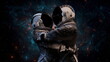 Two astronauts couple in space suits embracing against a backdrop of distant stars and the cosmic expanse. Love huge, man and woman. 3d render