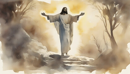 Wall Mural - Watercolor painting of Jesus Christ ‘s resurrection.