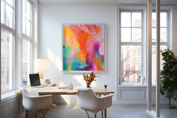 Wall Mural - Vibrant office space with minimalist furnishings and a pristine white frame, ready for artistic expression.