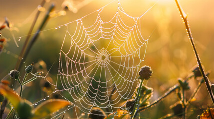a spider web is seen in the grass with dew on it