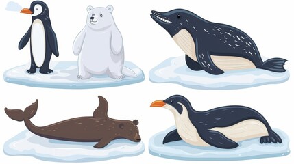 Sticker - Animated sea whale, white bear, penguin and seal on ice floes, the North Pole inhabitants in a zoo or outdoor area. Animals in fauna isolated on white background, modern illustration.