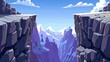 A mountain landscape with cliffs and snow peaks on the background. Illustration of a dangerous crack, canyon, or chasm.