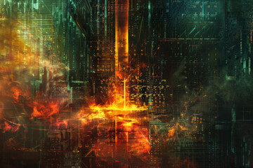 An abstract composition resembling a burning firewall, with flames composed of lines of code and digital debris. 