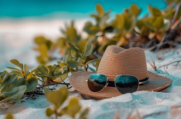 Wall Mural - Close-up of sunglasses and hat on the sand