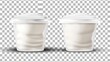 3D mockup of white cups with yoghurt or dairy product. Modern realistic 3d mockup of white cups with yoghurt or dairy product and foil lid isolated on transparent background.