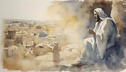 Wall Mural - Watercolor painting of The Last Days of Christ's Life at Jerusalem.