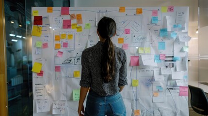 Poster - woman brainstorming ideas on a whiteboard in her home office, mapping out project plans