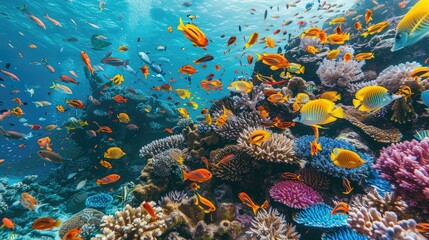 Sticker - vibrant school of tropical fish swimming among coral reefs, showcasing nature's underwater beauty