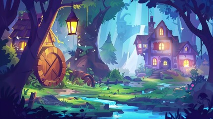 Wall Mural - A gnome village in the summer woods, with trees, fantasy buildings, and a watermill with wooden wheel, modern cartoon illustration.