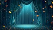 An announcement banner template for a show or festival. Blue draped curtains on a stage, golden confetti floating in the air, glowing text.