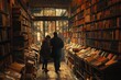 A couple walks hand-in-hand, exploring the cozy and crammed aisles of a charming antique bookstore.