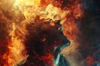 A dramatic portrait of a man with his head thrown back amidst flames and smoke, embodying passion and energy.