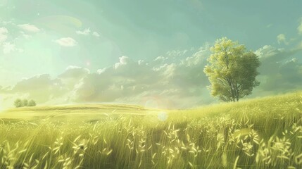 Wall Mural - A field of grass with a tree in the middle
