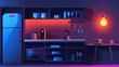 Glow bulb in dark modern corporate canteen for eating snacks or lunch. Night office kitchen interior modern background.