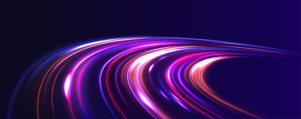 Leinwandbilder - Rotating dynamic neon circle. Colored shiny sparks of spiral wave. Expressway, the effect of car headlights. Low-poly construction of fine lines. Blue background. 