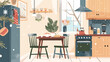 Cozy kitchen interior sweet home card. Cosy dining ta