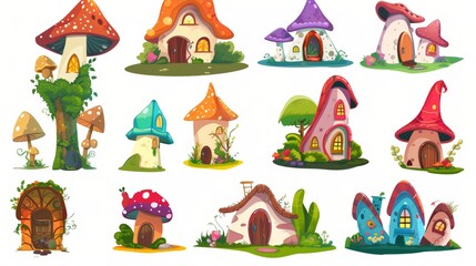 Magical tiny houses made from mushrooms, acorns, flowers, and flowers. Cartoon modern illustration set of forest dwellings for little gnomes and elves.