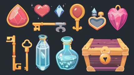 Wall Mural - This is a collection of magic game assets. The assets include a treasure chest, a key, spell book, toxic potion in a glass tube, a silver coin with gemstone, a heart lock, as well as the UI design.